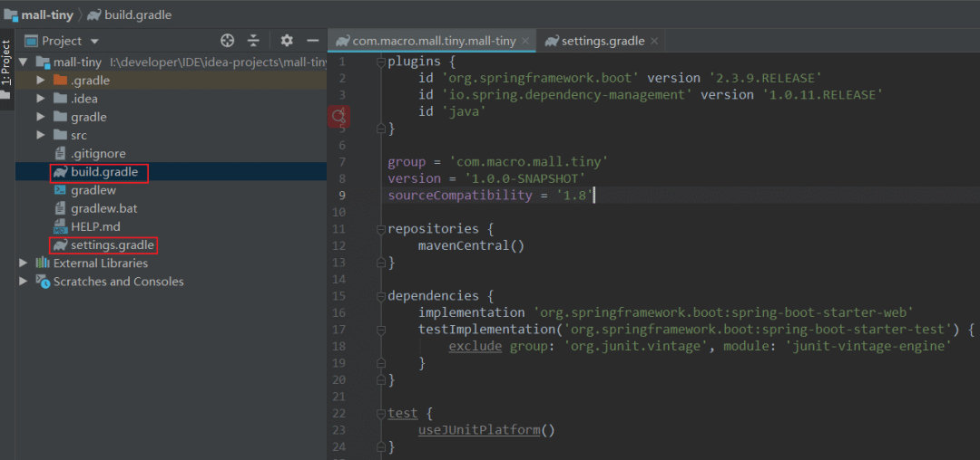 新建的 Gradle 项目结构及 build.gradle 文件内容