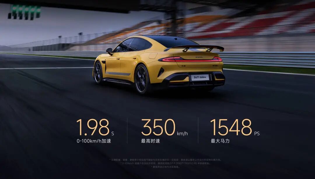 强调性能参数的小米SU7 Ultra宣传图：0-100km/h加速1.98秒，最高时速350km/h