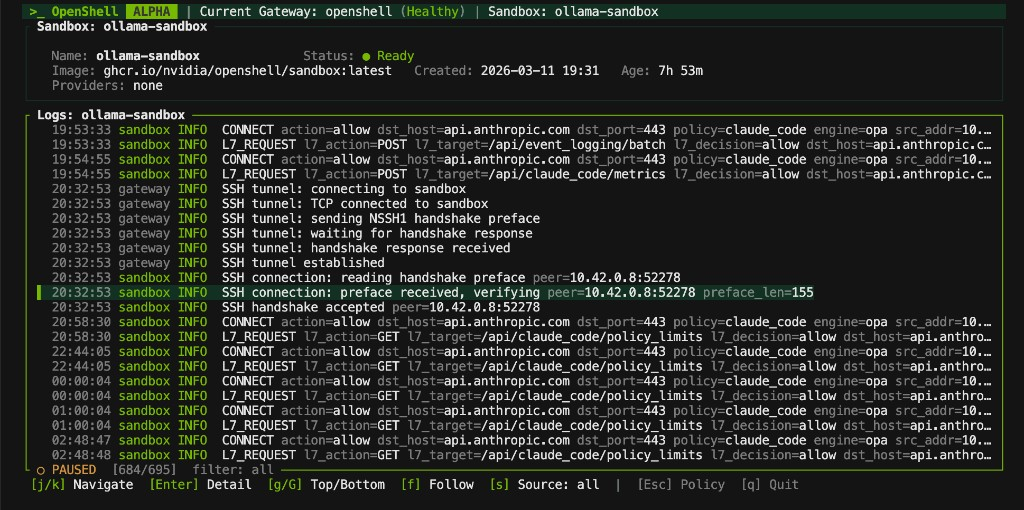 OpenShell 终端日志监控:OPA 策略放行 Anthropic API 请求与 SSH 隧道建立