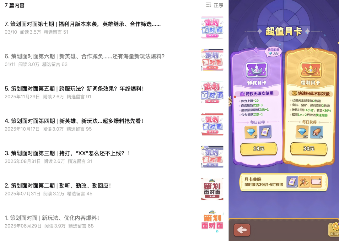 “超值月卡”功能界面，展示特权月卡与福利月卡提供的增益效果