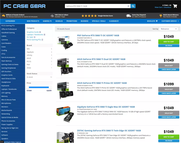 RTX 5060 Ti 16GB在澳大利亚PC Case Gear售价1049澳元