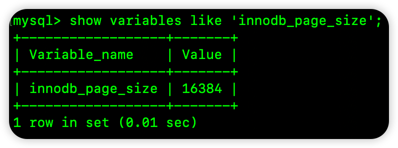 MySQL命令行查询innodb_page_size变量，结果为16384字节