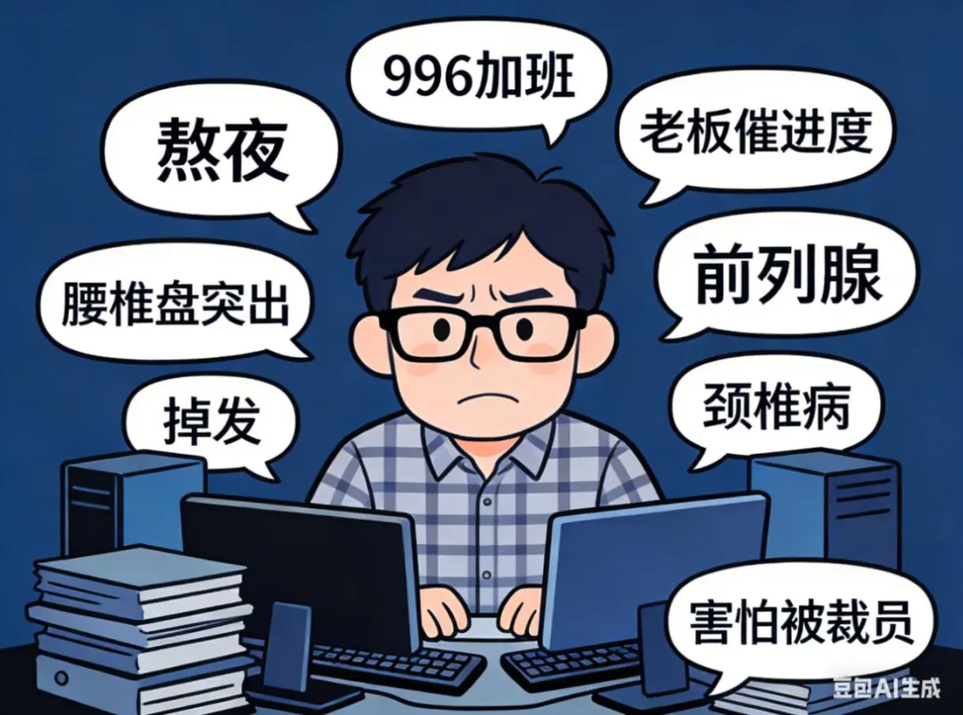 描绘传统程序员加班熬夜、面临健康问题的漫画