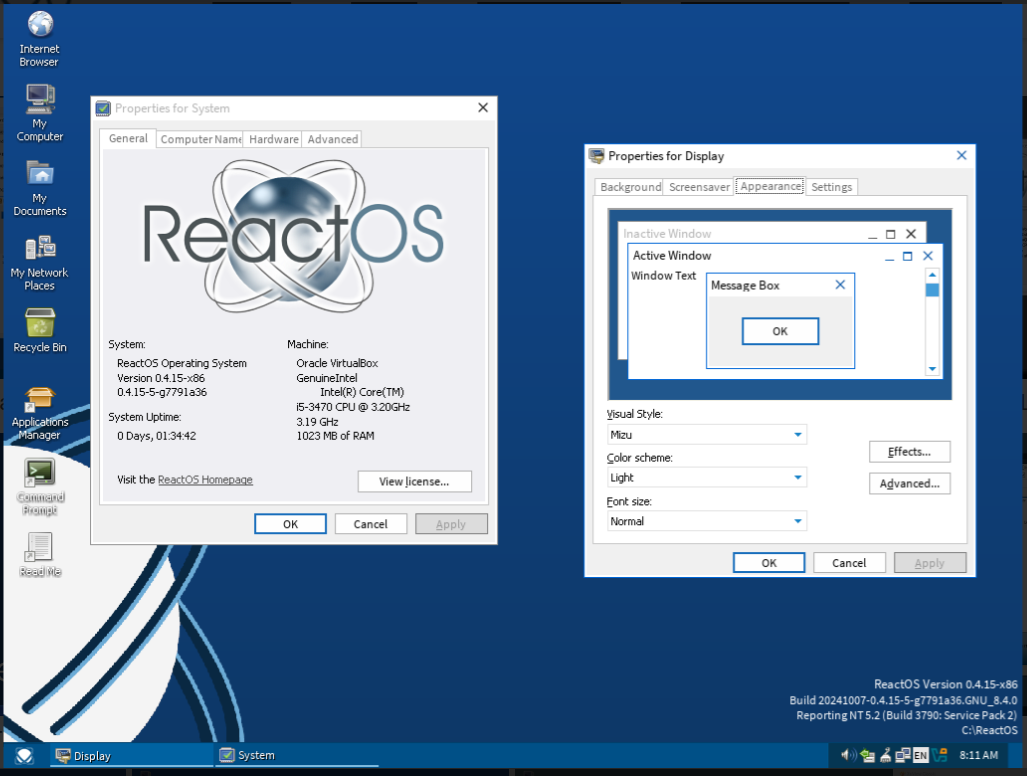 ReactOS 0.4.15 桌面环境与系统属性