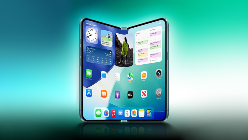 折叠屏iPhone概念渲染图,展开显示iOS主屏幕与多任务界面