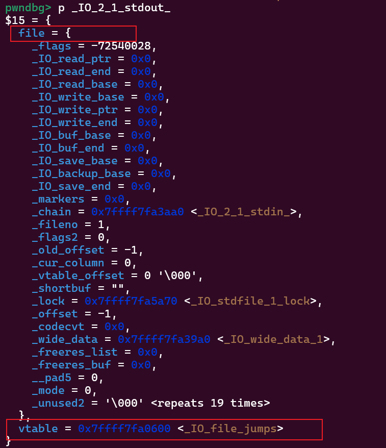 展示_IO_FILE_plus结构的内存布局，包含file和vtable