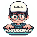 一个戴着“GeekCoder”帽子和眼镜的卡通程序员形象，正在使用键盘