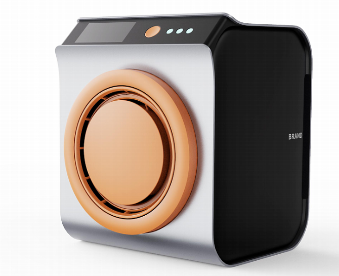 侧面印有BRAND字样的银色金属质感设备，顶部设有操作按钮