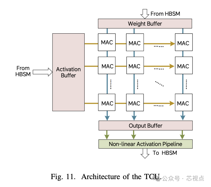 TCU架构图，展示激活与权重缓冲流入MAC阵列的过程