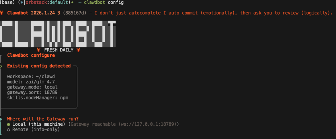Clawdbot 配置向导初始界面，显示运行环境选择