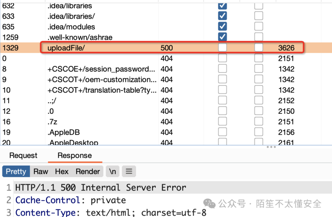 开发者工具网络面板截图,显示 uploadFile 路径返回 500 状态码,与其他不同