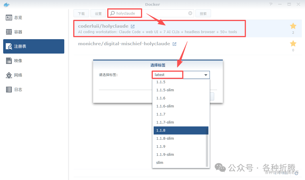 Docker 注册表搜索 HolyClaude 镜像结果