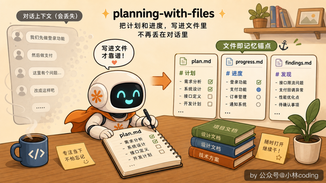 planning-with-files Skill 插画：将对话上下文中的计划进度写入结构化的Markdown文件
