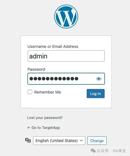 WordPress登录表单,用户名输入admin,密码已填写,即将点击登录按钮。