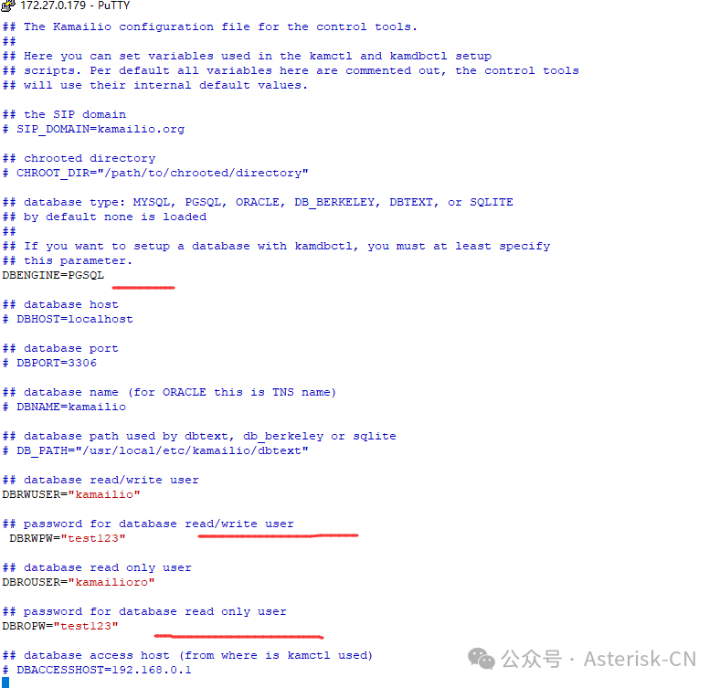 Kamailio控制工具配置文件，设置数据库类型为PGSQL及连接参数