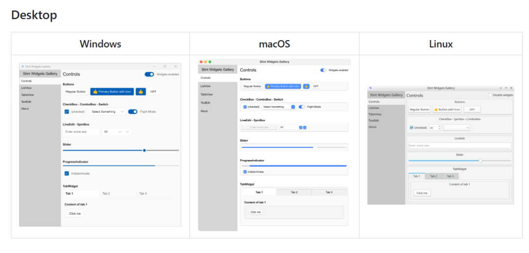 Slint桌面控件库在Windows、macOS、Linux上的界面对比