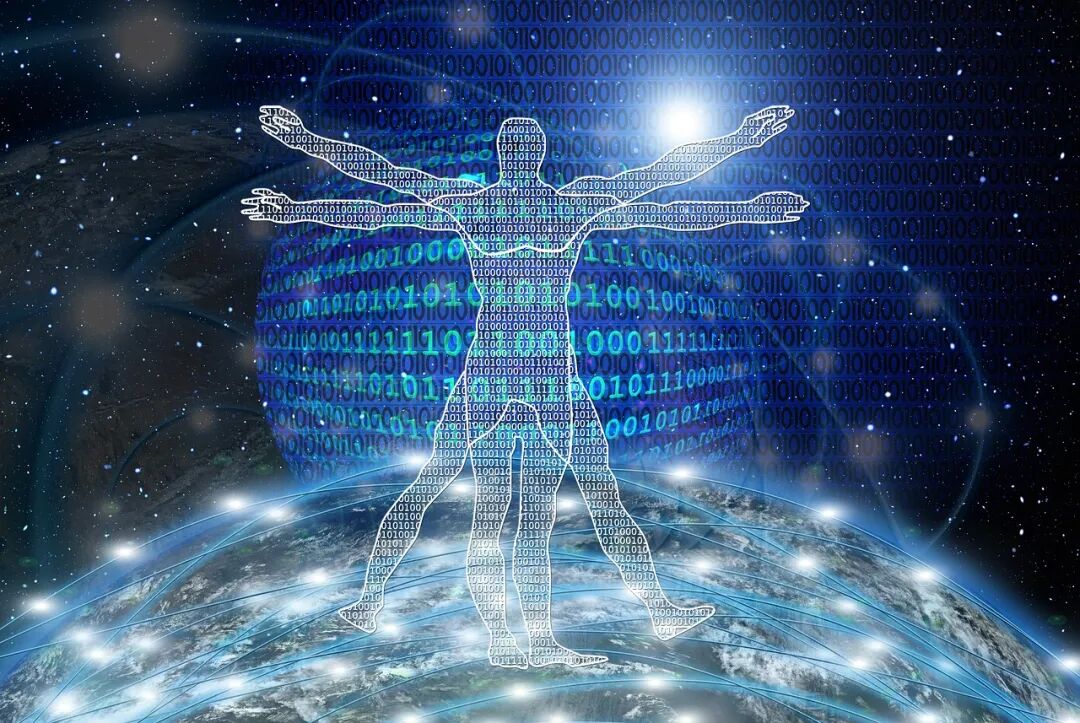一幅融合科技与人文的数字艺术图像，中心是一个由二进制代码构成的达·芬奇《维特鲁威人》风格的人形轮廓