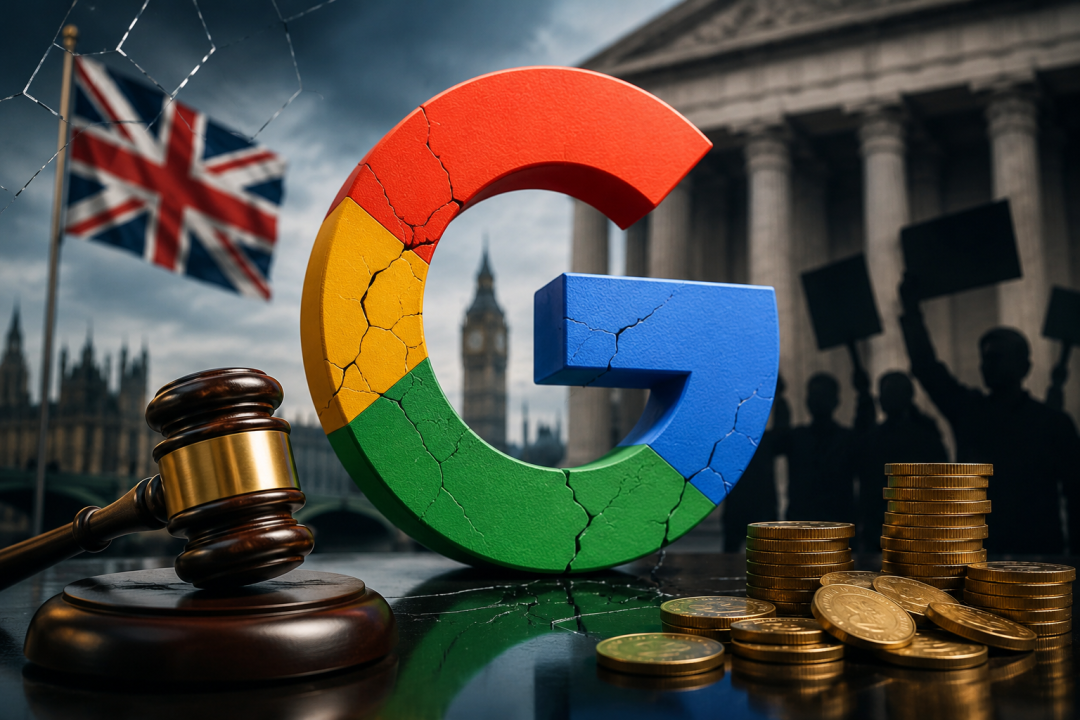 Google G 标志出现裂纹,背景为英国议会大厦与破损的米字旗,象征反垄断调查下的法律与经济压力