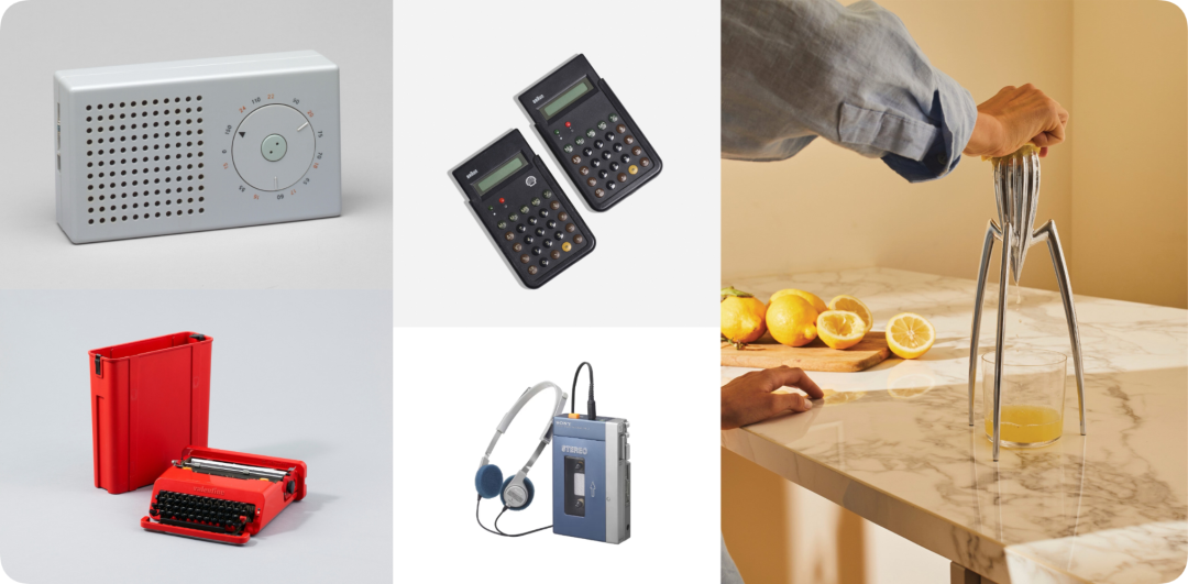 博朗收音机、奥利维蒂打字机、Alessi 榨汁机等经典设计产品拼贴