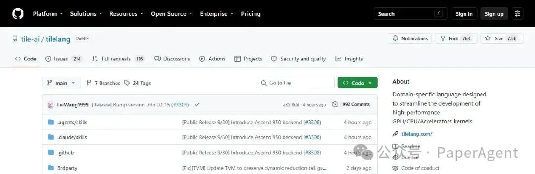 tile-ai/tilelang GitHub 仓库页面