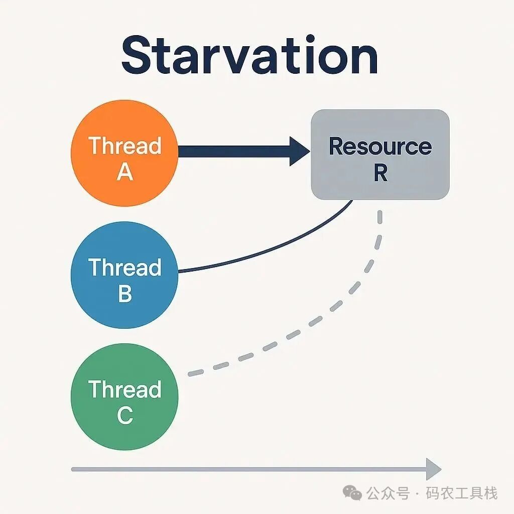 线程饥饿示意图，展示有线程长期无法获取资源