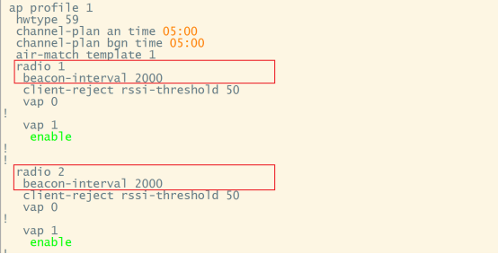 AP profile配置,radio 1和radio 2的beacon-interval 2000毫秒