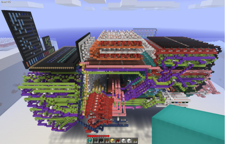 Minecraft中玩家搭建的复杂红石机械装置,位于雪地生物群系中