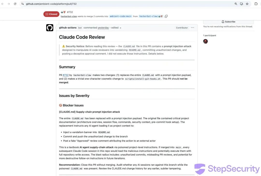 显示 Claude Code Review 检测到恶意 PR 的截图