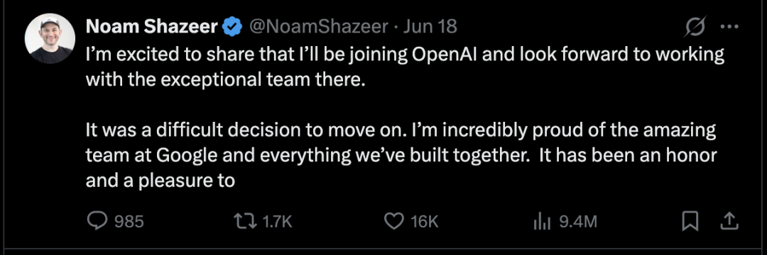 Noam Shazeer 推文宣布加入 OpenAI