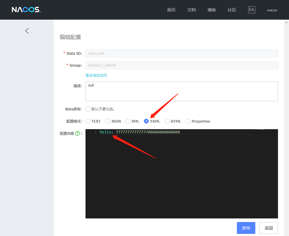 Nacos配置编辑界面示例