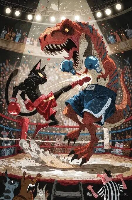 猫与暴龙在拳击台对战的职场竞争卡通插画