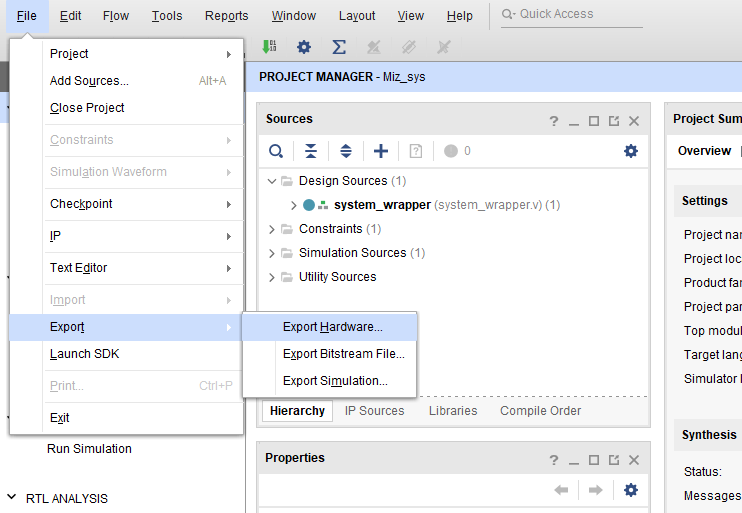 Vivado 菜单中的 Export Hardware 选项