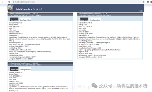 Grid 控制台展示所有已注册节点（Chrome, Firefox, IE）的完整视图