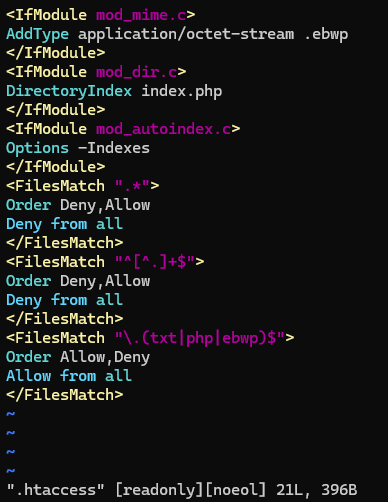 Everest Backup 插件 .htaccess 配置代码,包含 DirectoryIndex 和 FilesMatch 访问控制规则
