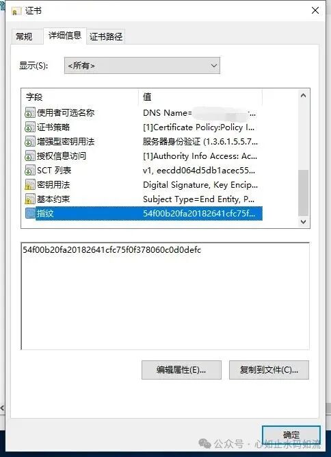 证书详细信息中的指纹值