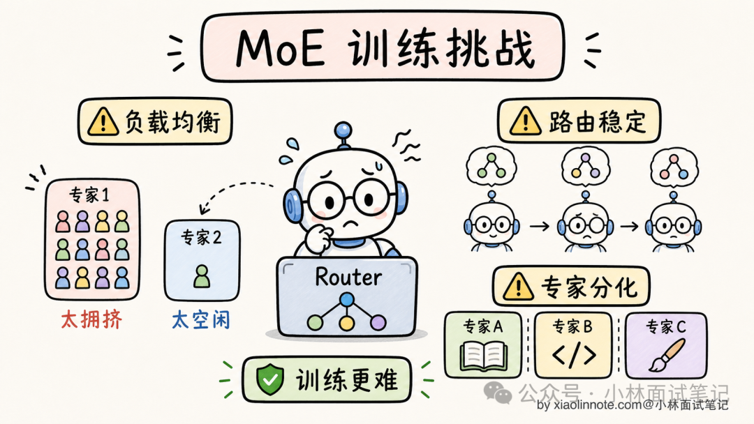 MoE训练挑战示意图：负载均衡、路由稳定与专家分化