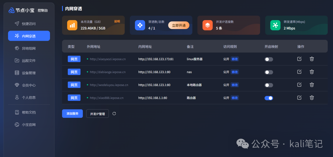 内网穿透服务管理列表