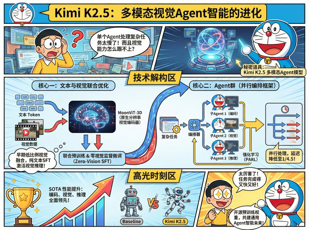 Kimi K2.5核心技术架构思维导图，展示文本视觉联合优化与Agent群两大支柱