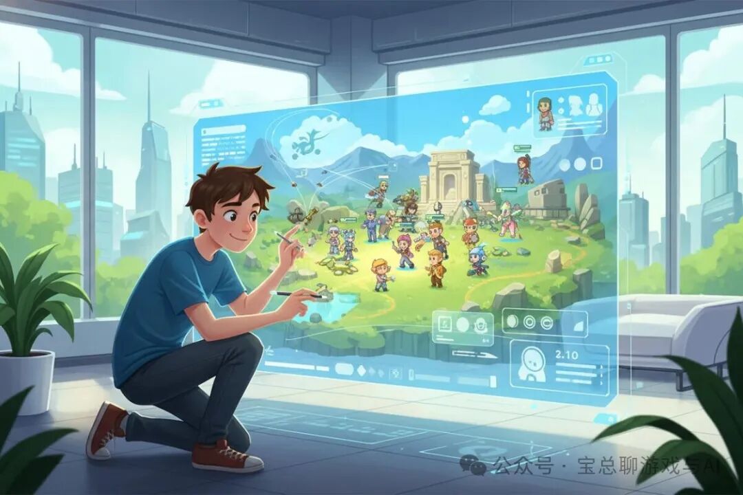 一名开发者与全息游戏界面互动，象征从执行到决策的转变