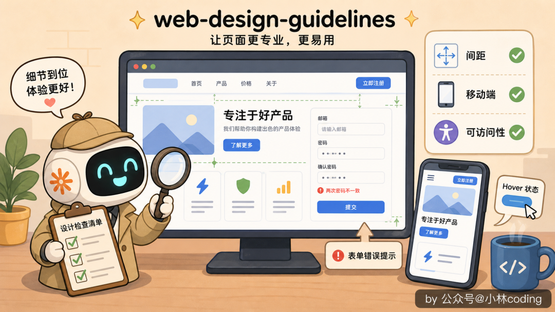 web-design-guidelines Skill 插画：机器人检查注册页面的设计规范细节
