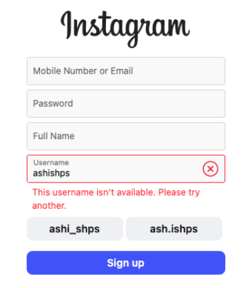 Instagram用户名查重提示界面