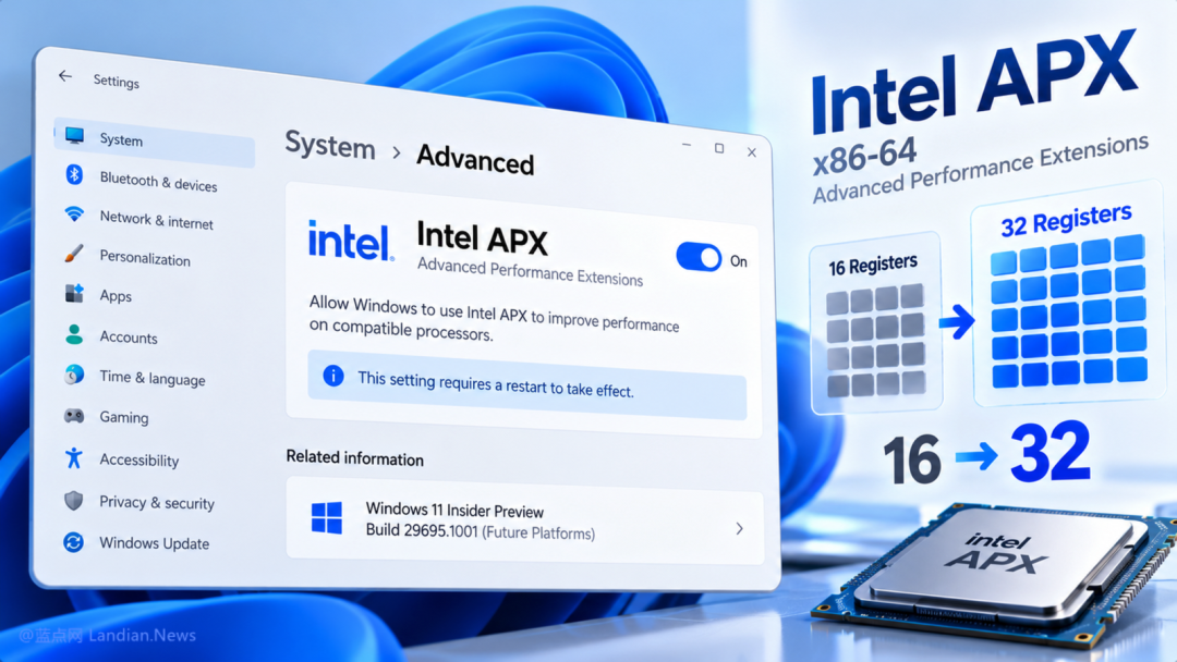 Windows 11设置界面中的Intel APX高级性能扩展开关