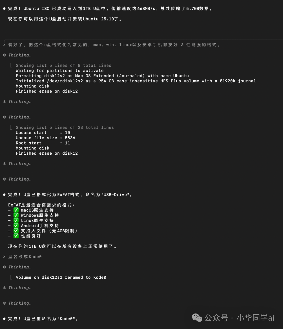 Kode格式化U盘并重命名的终端输出