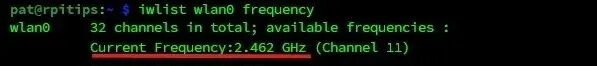 终端执行iwlist wlan0 frequency命令显示当前频率为2.462 GHz