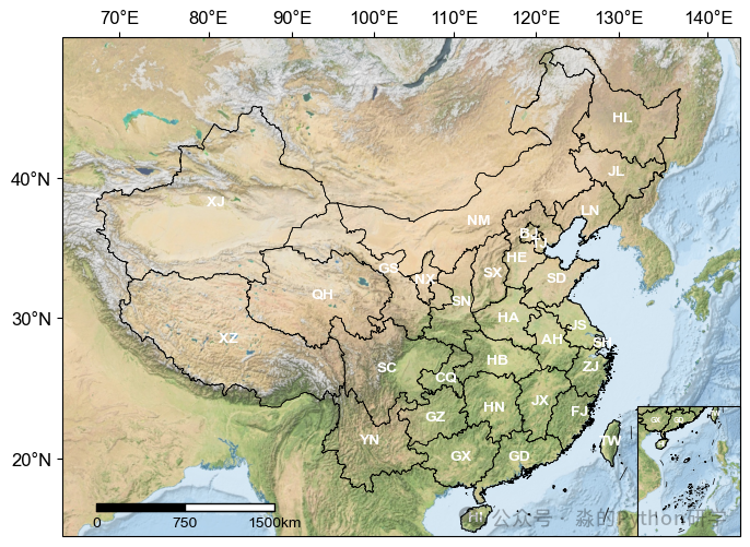 叠加了地形底图并标注了英文省份代码的中国地图
