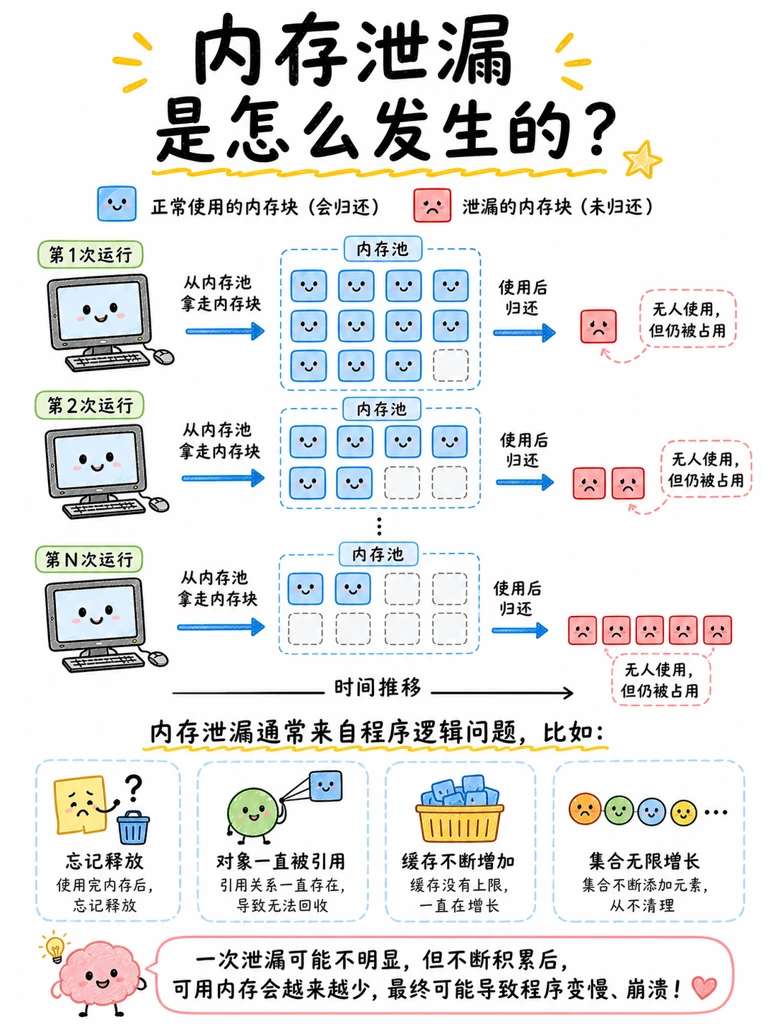 内存泄漏发生原理:泄漏内存块随运行次数积累