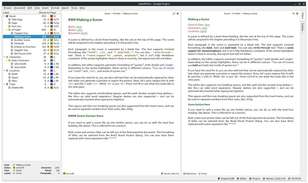 novelWriter 软件界面详细展示，包含项目管理树与场景编辑说明