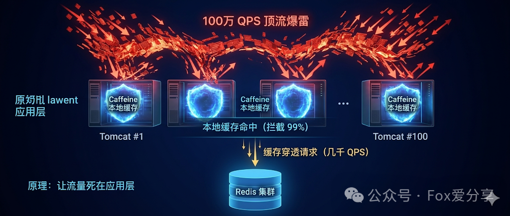 多级缓存架构图：展示请求如何在Tomcat本地缓存被拦截，极少部分穿透到Redis