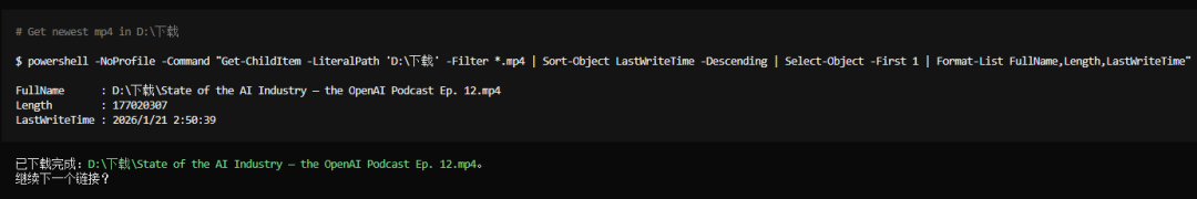 PowerShell命令显示已成功下载的MP4文件信息