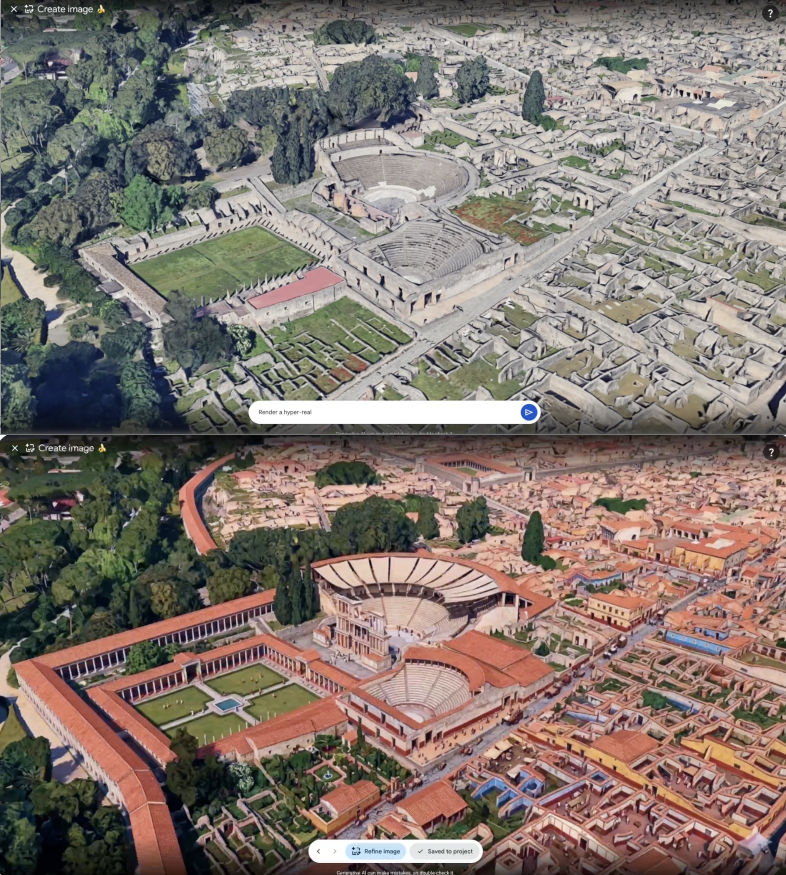 AI生成图像工具界面对比图,上方为庞贝古城三维重建模型,下方为高保真复原渲染图
